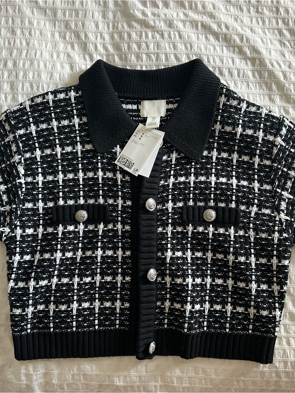 NEW H&M Black and White Tweed-Pattern Cropped Cardigan